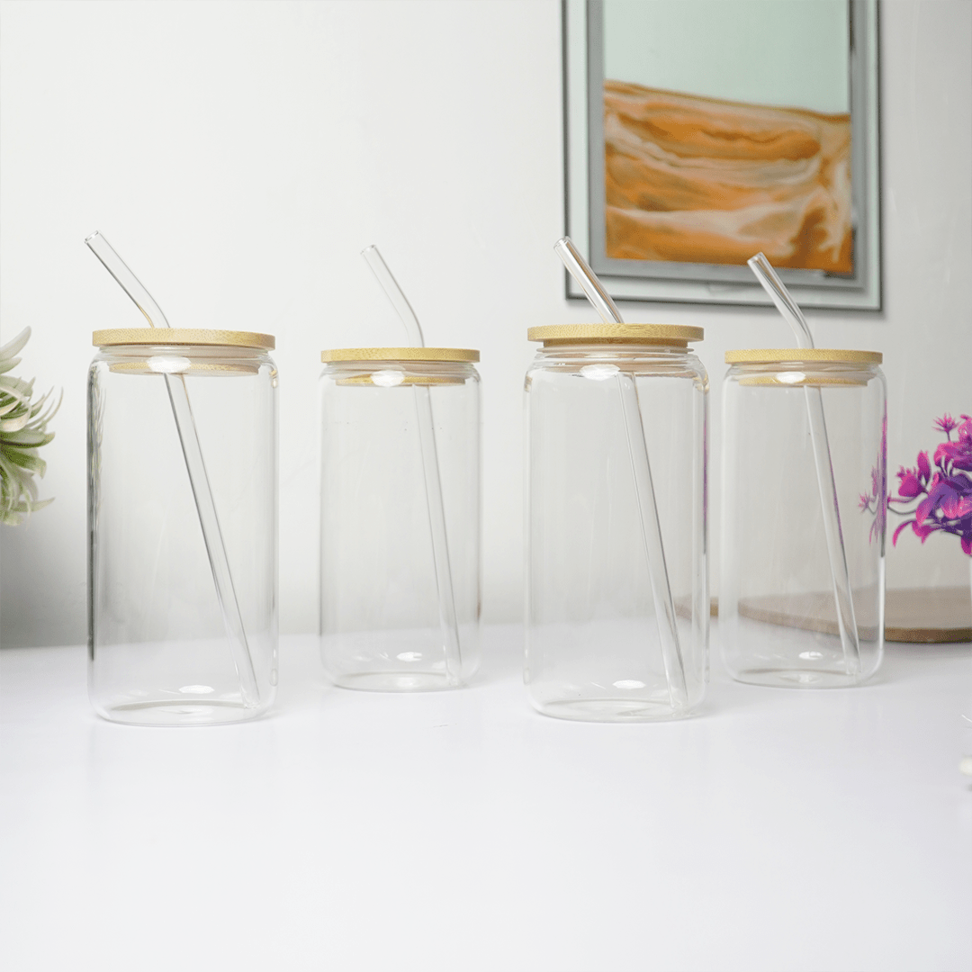 Clear Glass Tumbler with Bamboo Lid & Reusable Glass Straw - Memories Insite